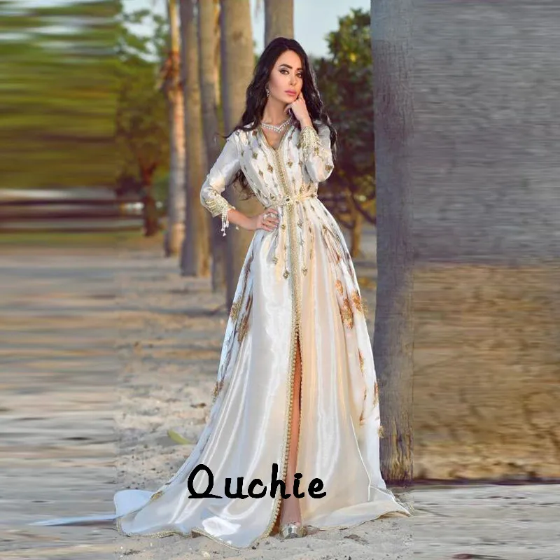 Ivory Taffeta Moroccan Kaftan Evening Dresses Golden Appliques Beaded Sashes Arabic Muslim Special Occasion Formal Party Gown
Ivory Taffeta Moroccan Kaftan Evening Dresses Golden Appliques Beaded Sashes Arabic Muslim Special Occasion Formal Party Gown