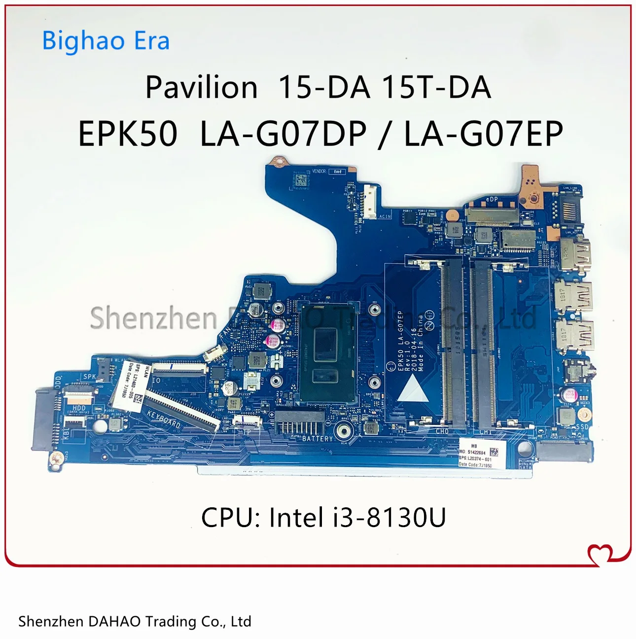 For HP Pavilion 15-DA 15T-DA Laptop Motherboard EPK50 LA-G07DP LA-G07EP With 3-8130U DDR4 100% Full Tested L20374-001 L20374-601
For HP Pavilion 15-DA 15T-DA Laptop Motherboard EPK50 LA-G07DP LA-G07EP With 3-8130U DDR4 100% Full Tested L20374-001 L20374-601