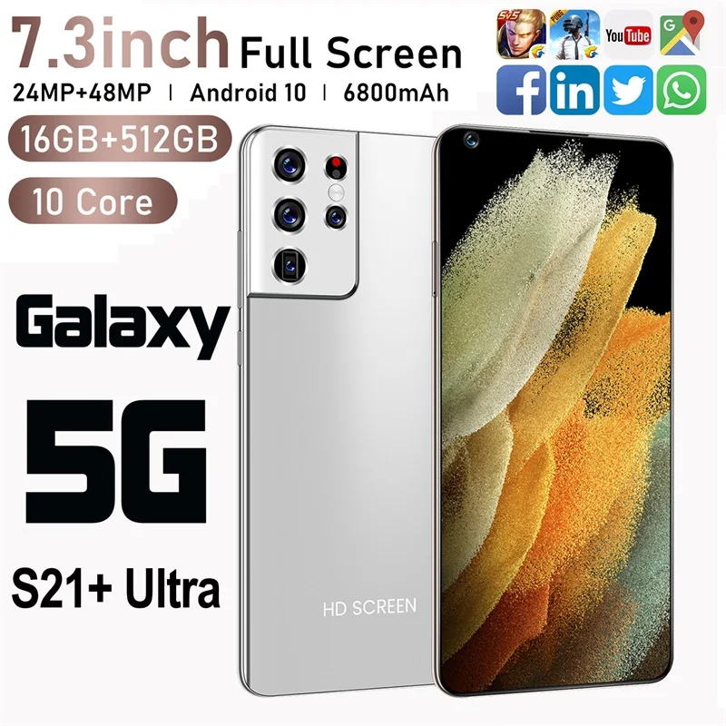 Cellphone Galaxy S21+ Ultra Smart phone 6800mAh 7.3" Unlock Global Version 4G 5G Android 10 24MP+48MP 16GB+512GB Mobile Phones
Cellphone Galaxy S21+ Ultra Smart phone 6800mAh 7.3" Unlock Global Version 4G 5G Android 10 24MP+48MP 16GB+512GB Mobile Phones