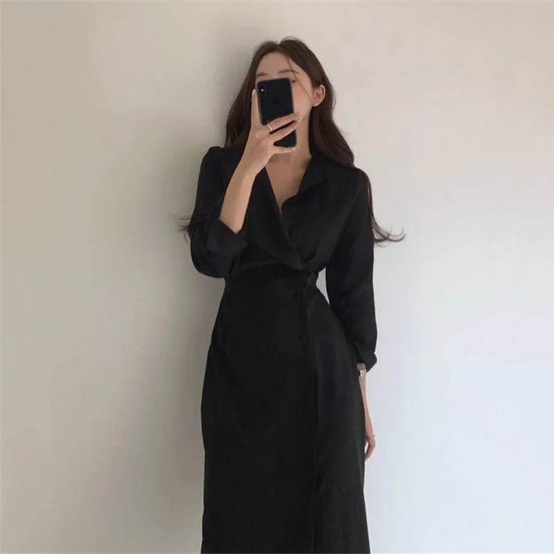 Autumn Korean Single Breasted Long Midi Dress Women Notched Collar Long Sleeve Elegant Party Dress Office Lady High Waist B435
Autumn Korean Single Breasted Long Midi Dress Women Notched Collar Long Sleeve Elegant Party Dress Office Lady High Waist B435
