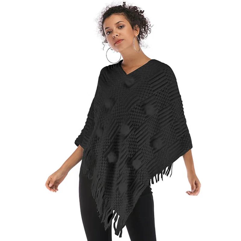 2021 New Autumn Winter Women's Sweater Cloak Women's Fashion V-Neck Tassel Knitted Pullover Sweaters Cloak Shawl With Hair Ball
2021 New Autumn Winter Women's Sweater Cloak Women's Fashion V-Neck Tassel Knitted Pullover Sweaters Cloak Shawl With Hair Ball