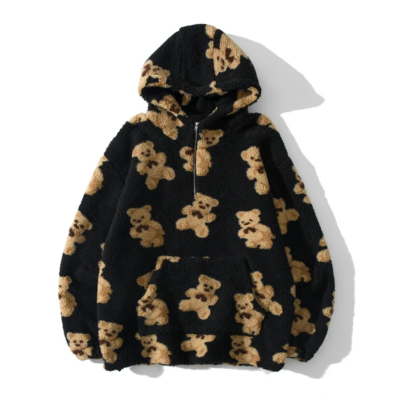 Hip Hop Lambswool Jacket Bear Print Half Zipper Pullover Hoodies Women Harajuku Streetwear Loose Hooded Couple Coat Outwear
Hip Hop Lambswool Jacket Bear Print Half Zipper Pullover Hoodies Women Harajuku Streetwear Loose Hooded Couple Coat Outwear