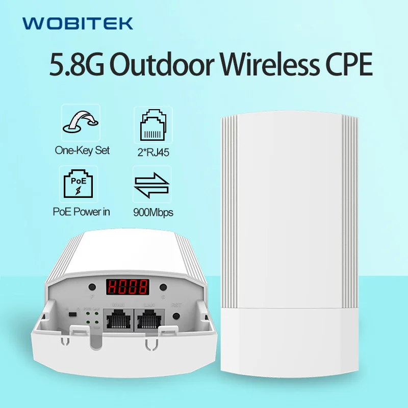 WOBITEK 900Mbps Outdoor Wireless CPE Router 5.8G WiFi Repeater/AP PoE Bridge Point to Point 1-3KM Wifi Coverage For IP Camera
WOBITEK 900Mbps Outdoor Wireless CPE Router 5.8G WiFi Repeater/AP PoE Bridge Point to Point 1-3KM Wifi Coverage For IP Camera