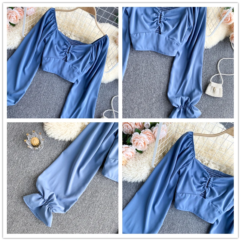 Women Chic Sexy Hollow Blouse Autumn V Neck Puff Sleeve Solid Slim Blouses Korean Fashion Elastic Ruched Short Tops
Women Chic Sexy Hollow Blouse Autumn V Neck Puff Sleeve Solid Slim Blouses Korean Fashion Elastic Ruched Short Tops