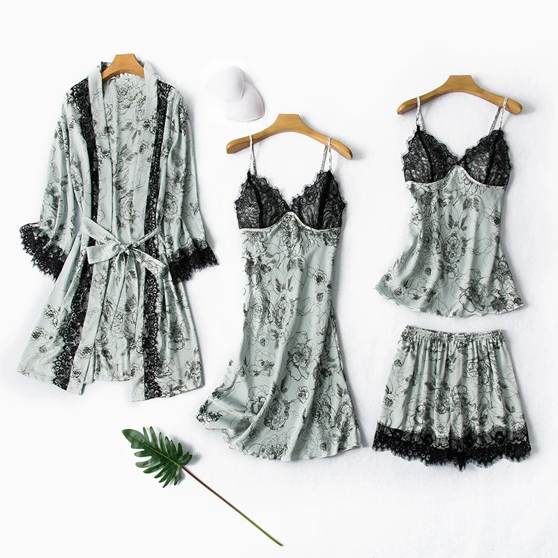 4PCS Pajamas Set Printed Flower Nightwear Women Sleepwear Spring Summer Casual Loose Home Clothes Sexy Black Lace Trim Pijamas
4PCS Pajamas Set Printed Flower Nightwear Women Sleepwear Spring Summer Casual Loose Home Clothes Sexy Black Lace Trim Pijamas
