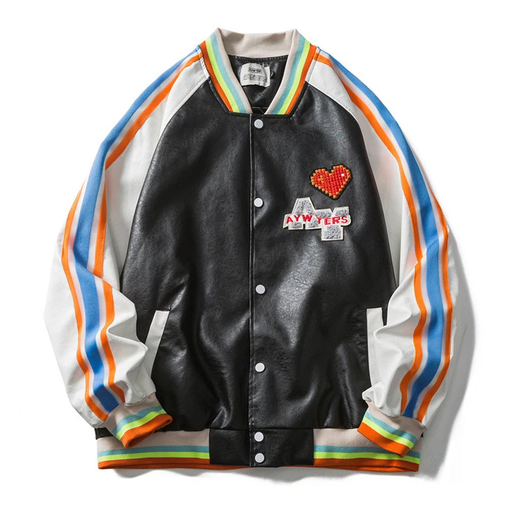 PU Leather Jacket Men Patchwork Color Love Letter Embroidery Baseball Uniform Spring Autumn Oversize Couple Korean Motorcycle
PU Leather Jacket Men Patchwork Color Love Letter Embroidery Baseball Uniform Spring Autumn Oversize Couple Korean Motorcycle
