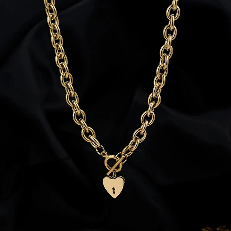 Толстая цепочка сердце замок кулон ожерелье в винтажном стиле короткая на