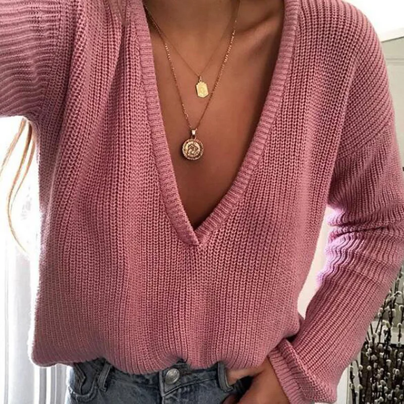 Sexy Deep V-Neck Off Shoulder Knitted Sweaters Women Tops Autumn Winter Long Sleeve Sweater Casual Loose Pullover Jumper
Sexy Deep V-Neck Off Shoulder Knitted Sweaters Women Tops Autumn Winter Long Sleeve Sweater Casual Loose Pullover Jumper