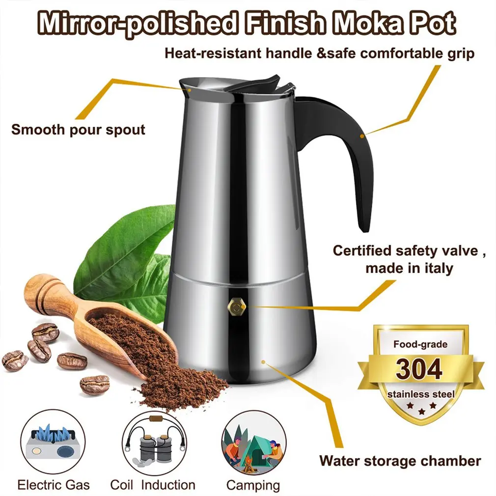 Кофейник Moka, Кофеварка из нержавеющей стали для приготовления эспрессо, латте, Перколятор
Кофейник Moka, Кофеварка из нержавеющей стали для приготовления эспрессо, латте, Перколятор