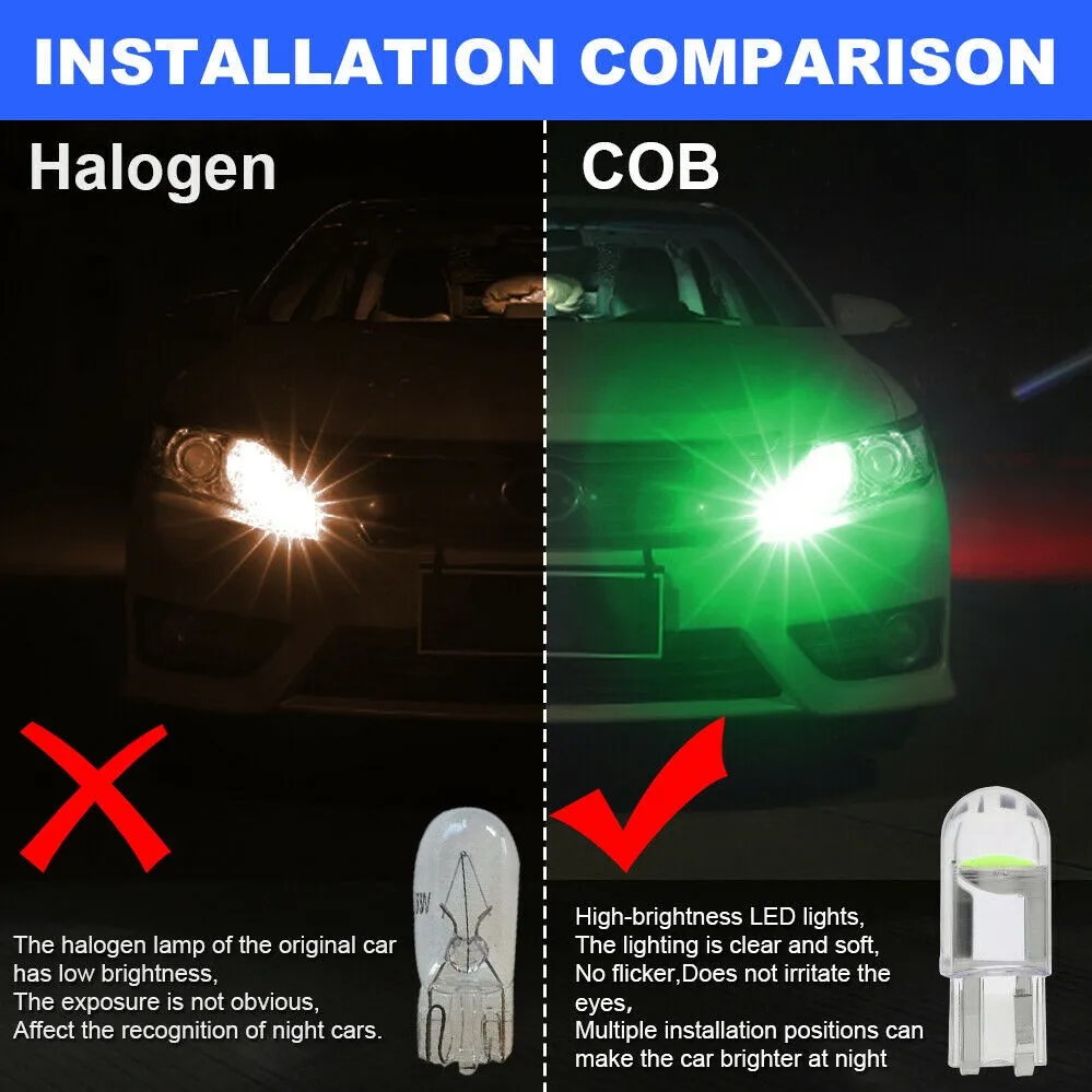 158 T10 COB Light Bulbs 159 168 20 Pcs 24x9x8 Mm 6000K DC 12V Interior