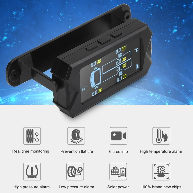 Универсальная беспроводная система контроля давления в шинах TPMS, солнечная энергия, ЖК-дисплей, 6 внешних датчиков для грузовика
Универсальная беспроводная система контроля давления в шинах TPMS, солнечная энергия, ЖК-дисплей, 6 внешних датчиков для грузовика