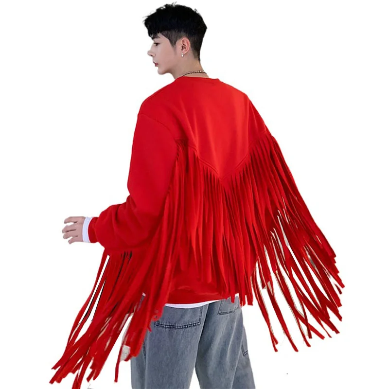 Men Long Tassle Pullover Sweatshirts Male Women Hip Hop Streetwear Casual Black Red Hoodie Stage Show Clothing 
Men Long Tassle Pullover Sweatshirts Male Women Hip Hop Streetwear Casual Black Red Hoodie Stage Show Clothing