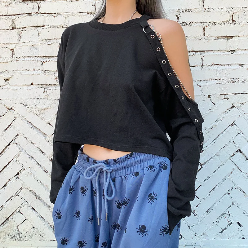 New Y2k Women's Black Personality All-Match Off-Shoulder Loose Fashion Tops Women's 2021 Fall Long Sleeve Solid Short T-Shirt
New Y2k Women's Black Personality All-Match Off-Shoulder Loose Fashion Tops Women's 2021 Fall Long Sleeve Solid Short T-Shirt