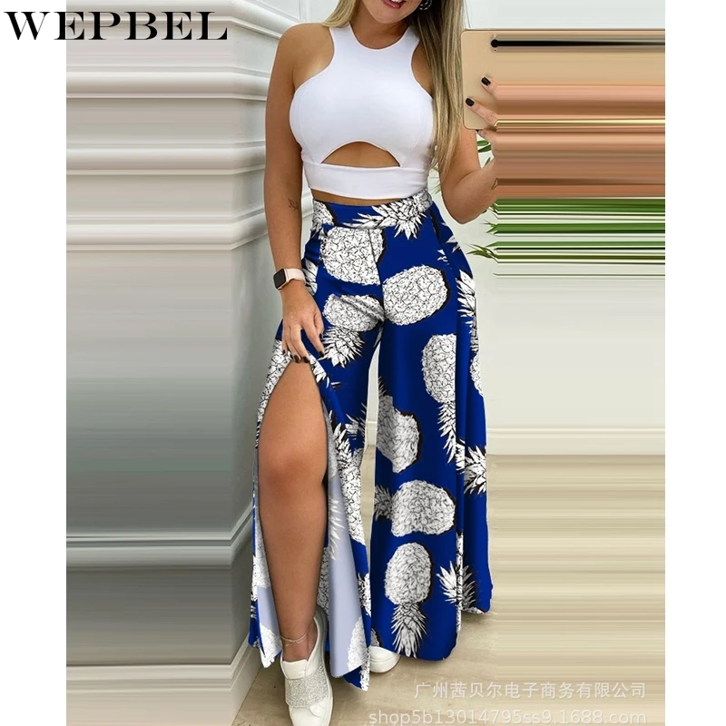 WEPBEL Women's Sexy Slim Fit Printing Suit Summer High Waist Slit Wide Leg Pants + Sleeveless O-Neck Hollow Out Top Suit
WEPBEL Women's Sexy Slim Fit Printing Suit Summer High Waist Slit Wide Leg Pants + Sleeveless O-Neck Hollow Out Top Suit