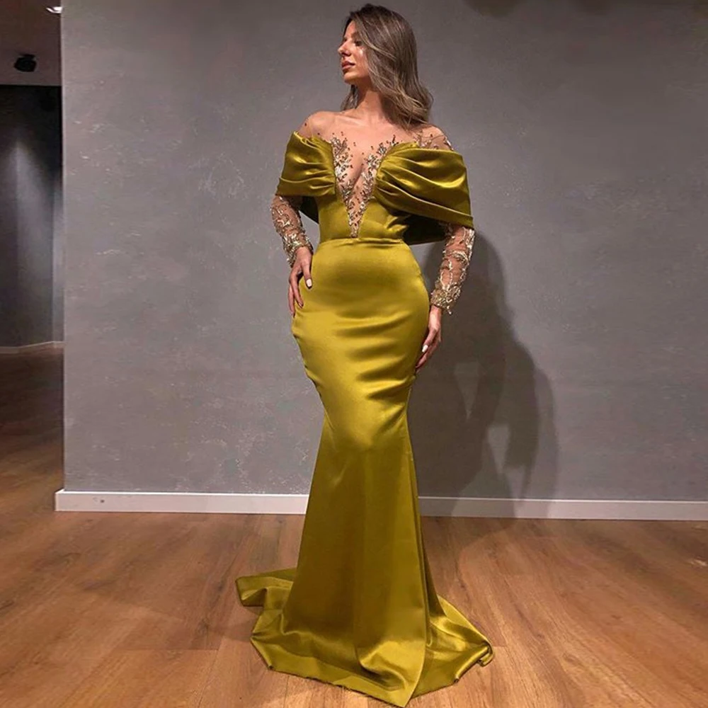 Sexy Deep V Neck With Beads Prom Dresses Off Shoulder Mermaid Party Gown For Woman Long Sleeves Plus Size Vestido De Noche 2021 
Sexy Deep V Neck With Beads Prom Dresses Off Shoulder Mermaid Party Gown For Woman Long Sleeves Plus Size Vestido De Noche 2021
