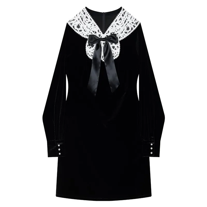 Velvet Short Dress Office Lady Summer Black Vintage Lace Spliced Bowknot Slim Fit Women Solid Long-Sleeve Pullover A-Line Dress
Velvet Short Dress Office Lady Summer Black Vintage Lace Spliced Bowknot Slim Fit Women Solid Long-Sleeve Pullover A-Line Dress