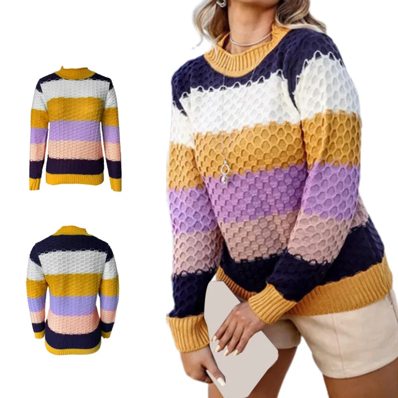 Женский свитер с цветными вставками, повседневный трикотажный пуловер с длинным рукавом и круглым вырезом в стиле пэчворк для взрослых, весна-осень 
Женский свитер с цветными вставками, повседневный трикотажный пуловер с длинным рукавом и круглым вырезом в стиле пэчворк для взрослых, весна-осень