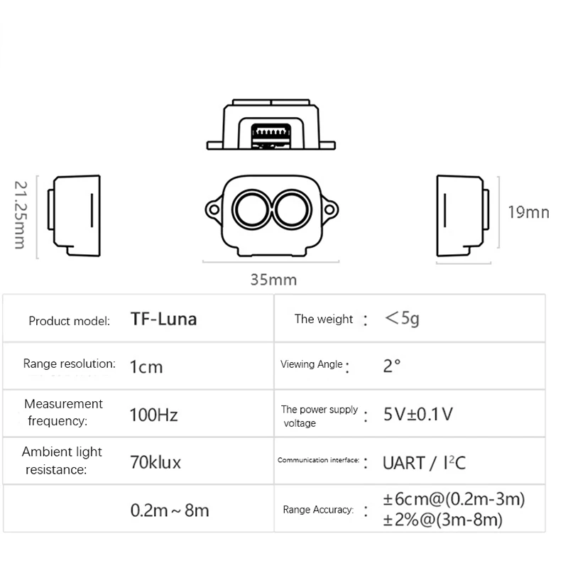 TF-Luna Range Finder Sensor Module, Single-Point Mini Ranging Module 0.2 to 8M for with UART / I2C Communication
TF-Luna Range Finder Sensor Module, Single-Point Mini Ranging Module 0.2 to 8M for with UART / I2C Communication