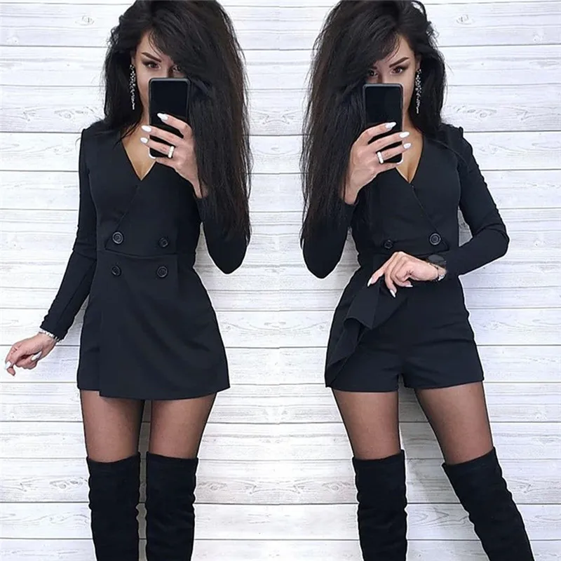 Chic Women Playsuits Solid Color Long Sleeve V Neck Double-breasted Short Playsuit Jumpsuit Women's Playsuits
Chic Women Playsuits Solid Color Long Sleeve V Neck Double-breasted Short Playsuit Jumpsuit Women's Playsuits