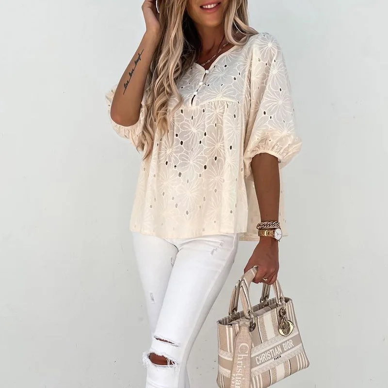 V Neck Button Women Hollow Out Loose Blouse Casual Lantern Sleeve Cute Solid Tops Elegant Lady Hole Design Daily Shirts Blusa
V Neck Button Women Hollow Out Loose Blouse Casual Lantern Sleeve Cute Solid Tops Elegant Lady Hole Design Daily Shirts Blusa