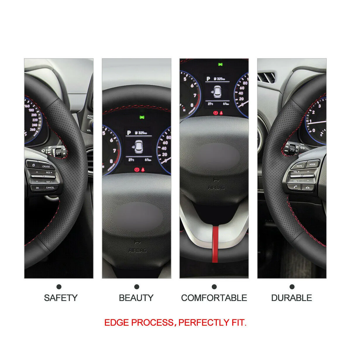 Hand Stitch Black DIY Artificial Leather(PU) Steering Wheel Cover for Hyundai Veloster 2019 / i30 2017-2019 / Elantra 2019
Hand Stitch Black DIY Artificial Leather(PU) Steering Wheel Cover for Hyundai Veloster 2019 / i30 2017-2019 / Elantra 2019