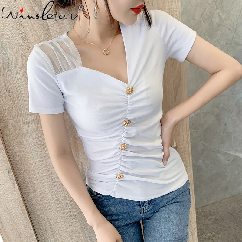 Summer European Style Cotton T-Shirt Sexy V-Neck Button Irregularity Drape Patchwork Lace Women Tops Slim Tees New 2021 T14710A
Summer European Style Cotton T-Shirt Sexy V-Neck Button Irregularity Drape Patchwork Lace Women Tops Slim Tees New 2021 T14710A