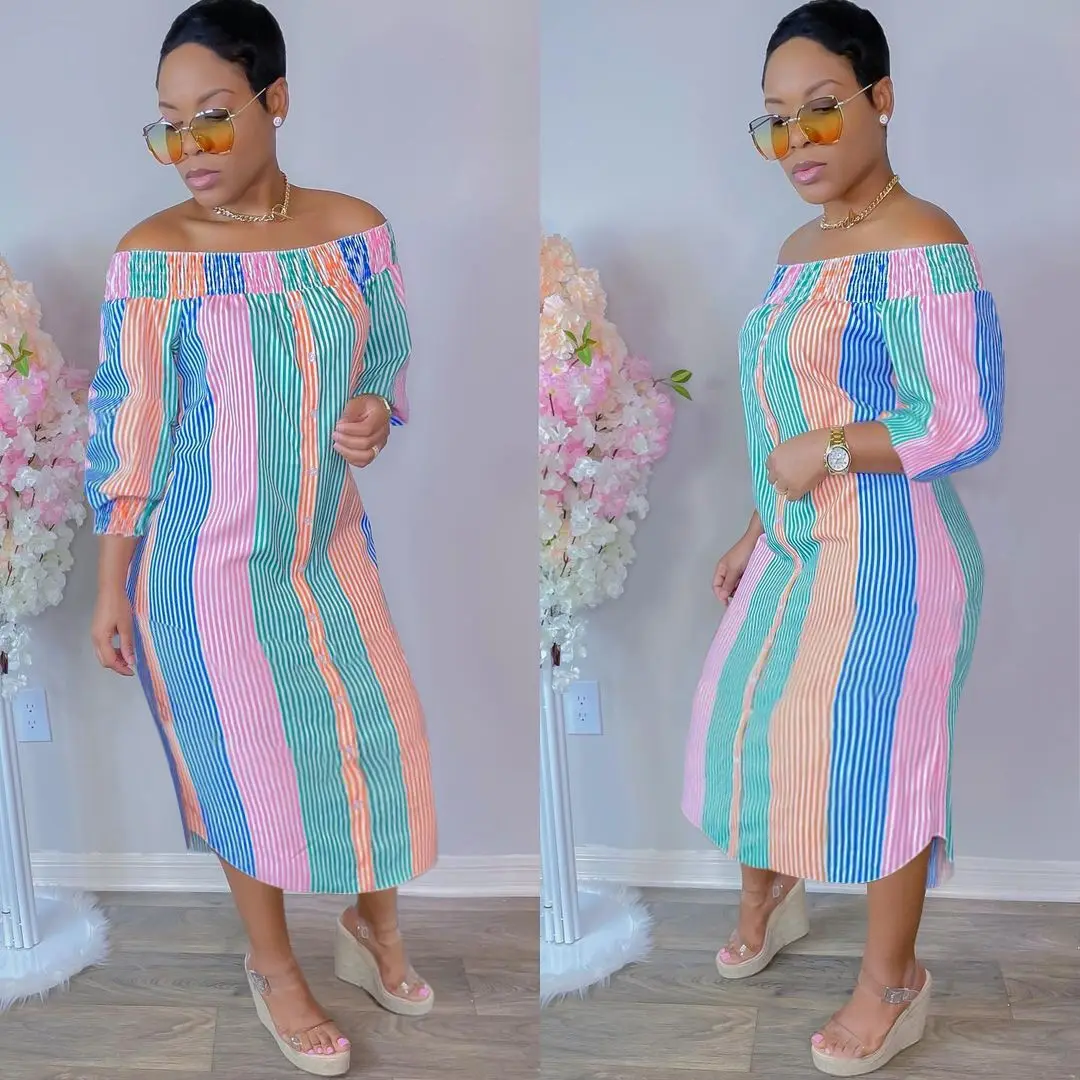2021 Autumn Women Midi Dress Stripe Print Half Sleeve Elastic Off Shoulder Loose Straight Dresses Fashion Casual Outfits
2021 Autumn Women Midi Dress Stripe Print Half Sleeve Elastic Off Shoulder Loose Straight Dresses Fashion Casual Outfits