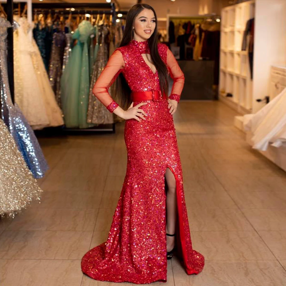 Red Sequined Prom Dresses Full Sleeves Split Formal Party Gown Vestido Festa Evening Dresses Special Occasion Dresses
Red Sequined Prom Dresses Full Sleeves Split Formal Party Gown Vestido Festa Evening Dresses Special Occasion Dresses