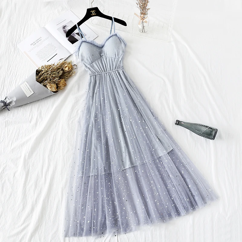 Five-pointed star sequined mesh sexy sling dress 2021 new summer fairy super fairy sweet long yarn Dress
Five-pointed star sequined mesh sexy sling dress 2021 new summer fairy super fairy sweet long yarn Dress