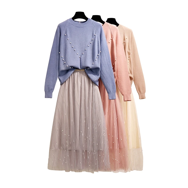 New Winter Fashion Pearl Sweater Gauze Skirts Two-Piece Clothing Set Women Super Design Sweet Girl Suit Knitted Outfit
New Winter Fashion Pearl Sweater Gauze Skirts Two-Piece Clothing Set Women Super Design Sweet Girl Suit Knitted Outfit