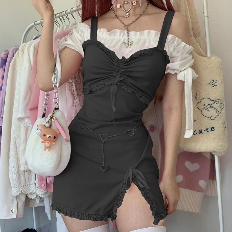 Gothic Dark Sexy Sling Drawstring Bow Bandage Lace Split Hip Dress Streetwear Casual Fashion Women Dress Black Pink Y2k Clothes
Gothic Dark Sexy Sling Drawstring Bow Bandage Lace Split Hip Dress Streetwear Casual Fashion Women Dress Black Pink Y2k Clothes