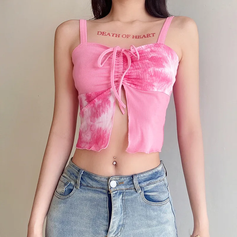 Summer new style women's solid color slim-fit umbilical fashion tie-dye drawstring camisole 
Summer new style women's solid color slim-fit umbilical fashion tie-dye drawstring camisole