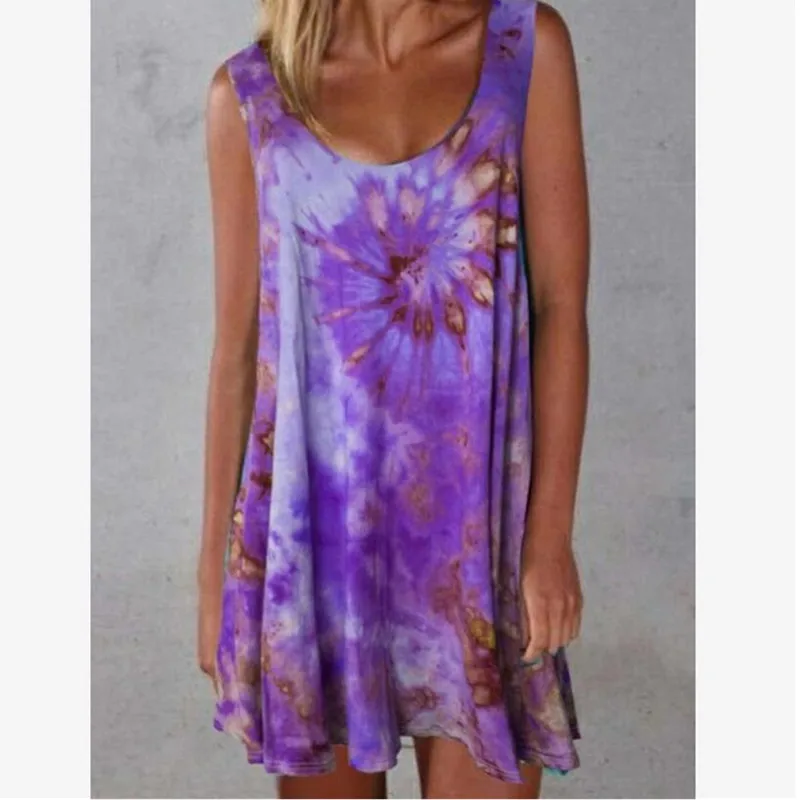 Women Tie-dye Print Dresses New Summer Sleeveless Casual Dress Beach Sun Loose Short Dress 5XL Big Size Lady O-Neck Mini Dress 
Women Tie-dye Print Dresses New Summer Sleeveless Casual Dress Beach Sun Loose Short Dress 5XL Big Size Lady O-Neck Mini Dress