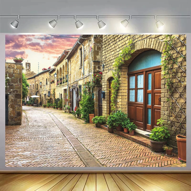 Retro Old Stone Road Alley Photo Backgrounds European House Buildings Family Kids Portrait Backdrops For Photographer