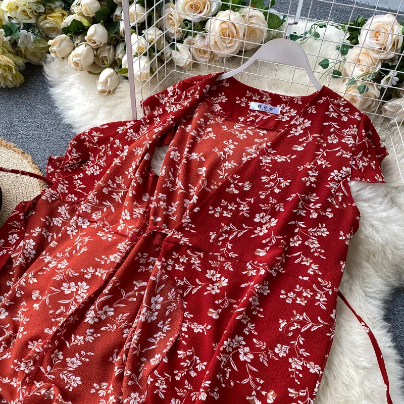 Women Floral Summer Wrap Dress V Neck A-Line Ruffles Chiffon Short Dress Korean Elegant Bohemian Print Beach Sundress
Women Floral Summer Wrap Dress V Neck A-Line Ruffles Chiffon Short Dress Korean Elegant Bohemian Print Beach Sundress