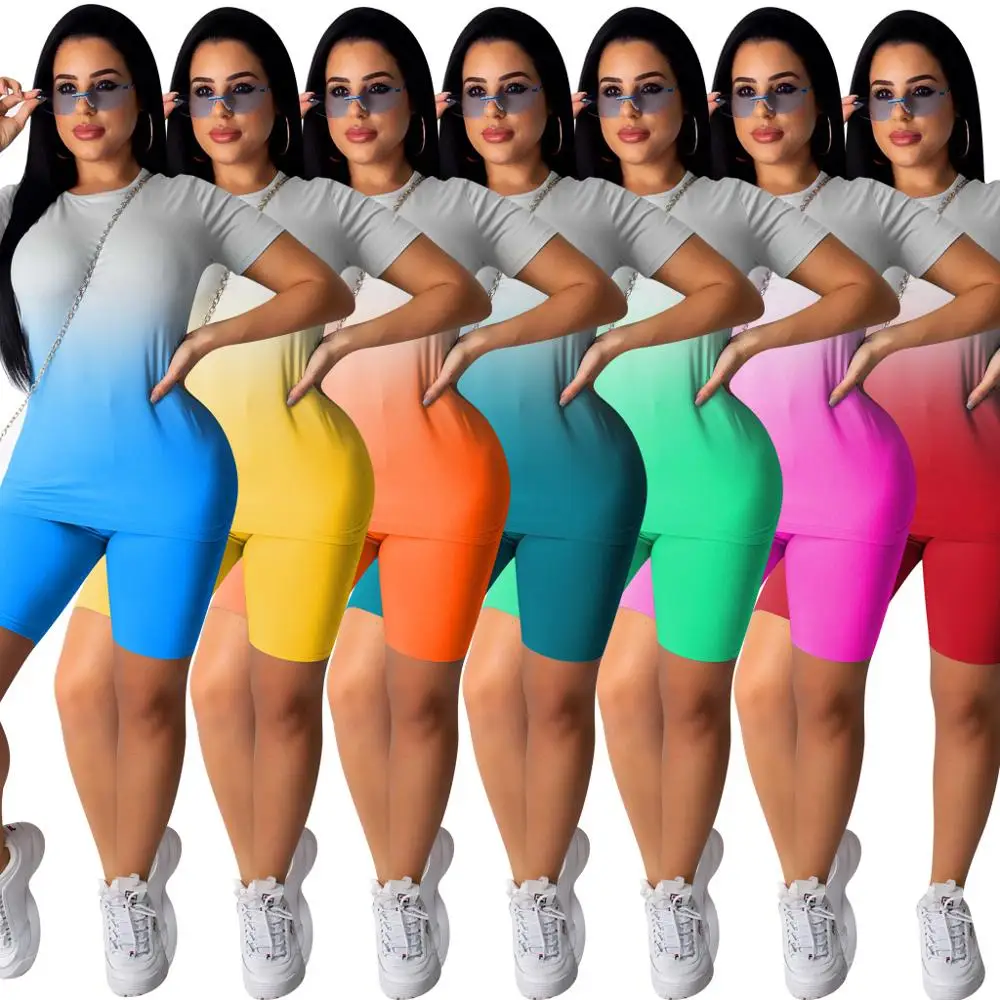 2020 women fashion gradient round neck short sleeves top and hot shorts 2 pieces set high street lady fashion outfits
2020 women fashion gradient round neck short sleeves top and hot shorts 2 pieces set high street lady fashion outfits
