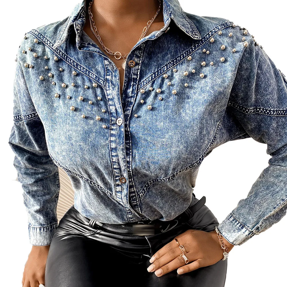 Europe America Blue Retro Cowboy Blue Blouse Autumn New 2021 Fashion Beading Single-breasted Lapel Long Sleeve Casual Women's
Europe America Blue Retro Cowboy Blue Blouse Autumn New 2021 Fashion Beading Single-breasted Lapel Long Sleeve Casual Women's