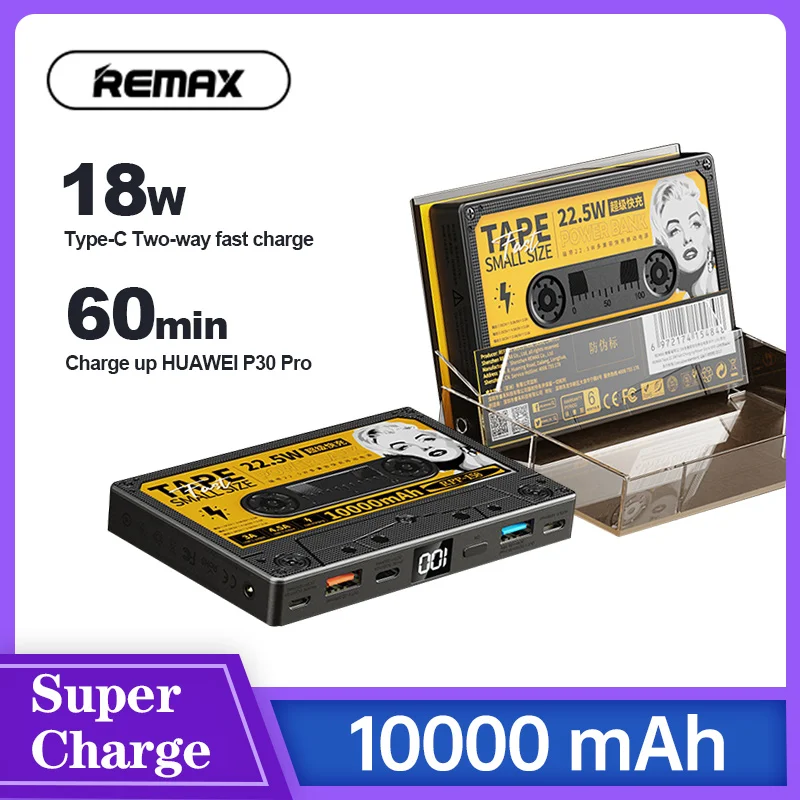 Remax Power Bank 10000mAh 22.5W Fast Charge Retro Tape Appearance Portable Mobile Battery Led Flashlight
Remax Power Bank 10000mAh 22.5W Fast Charge Retro Tape Appearance Portable Mobile Battery Led Flashlight