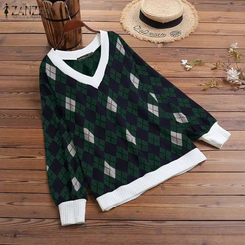 2022 ZANZEA Women Fashion OL Pullovers Spring Autumn Long Sleeve Plaid Knitted Top Oversized Casual Female Loose Blusa Femininas
2022 ZANZEA Women Fashion OL Pullovers Spring Autumn Long Sleeve Plaid Knitted Top Oversized Casual Female Loose Blusa Femininas