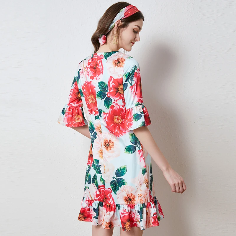 Sophony Summer Runway Desinger Resort Dresses Women's Ruffles Flare Sleeve Floral Printed Party Pencil Mermaid Dress S7368