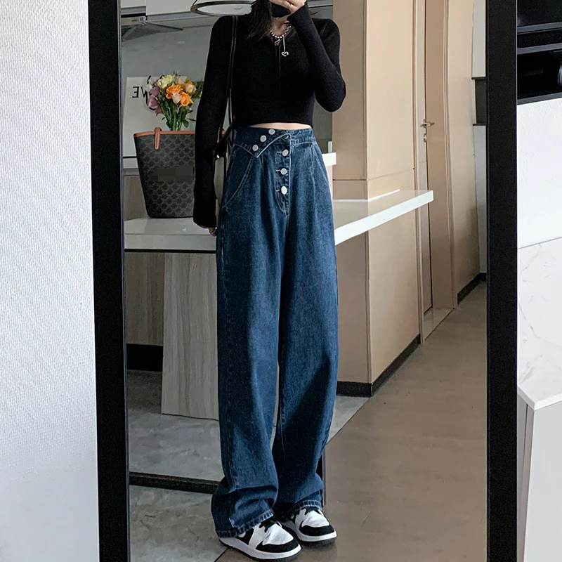 Темно-синие женские джинсы с высокой талией, винтажные прямые широкие брюки в стиле Харадзюку, Свободные корейские модные уличные женские джинсовые брюки
Темно-синие женские джинсы с высокой талией, винтажные прямые широкие брюки в стиле Харадзюку, Свободные корейские модные уличные женские джинсовые брюки