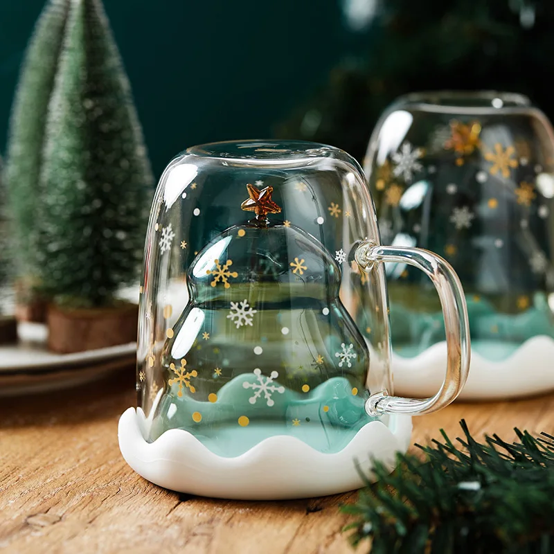 

JINYOUJIA 300ml Christmas Tree Glass Cup Mug Double Layered Heat Insulation Glass Cup Coffee Mug with Lid for Christmas New Year