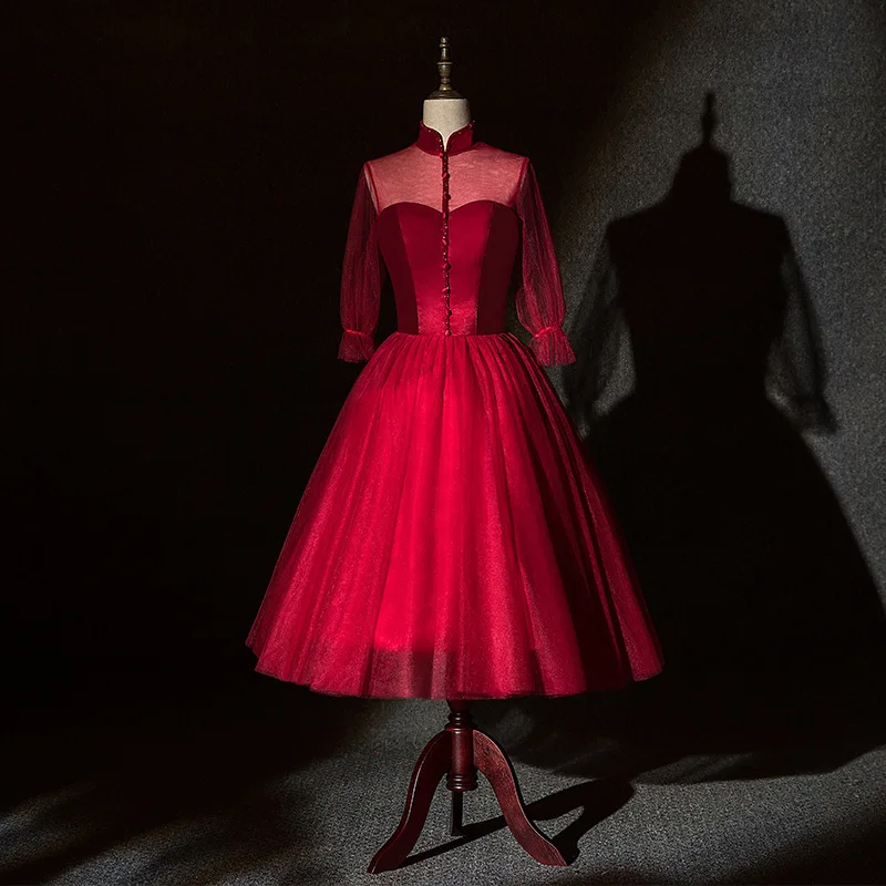 Burgundy Button High Neck Evening Dress Simple Half Sleeves Fashion A-Line Empire Tea-Length Tulle Party Formal Gown Woman B531
Burgundy Button High Neck Evening Dress Simple Half Sleeves Fashion A-Line Empire Tea-Length Tulle Party Formal Gown Woman B531