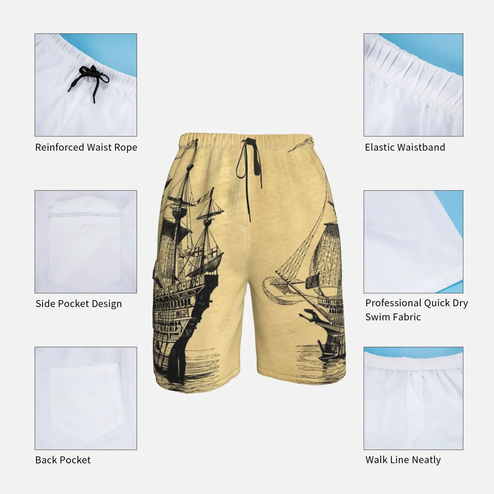 Винтажные пляжные шорты с изображением корабля | Мужская одежда
