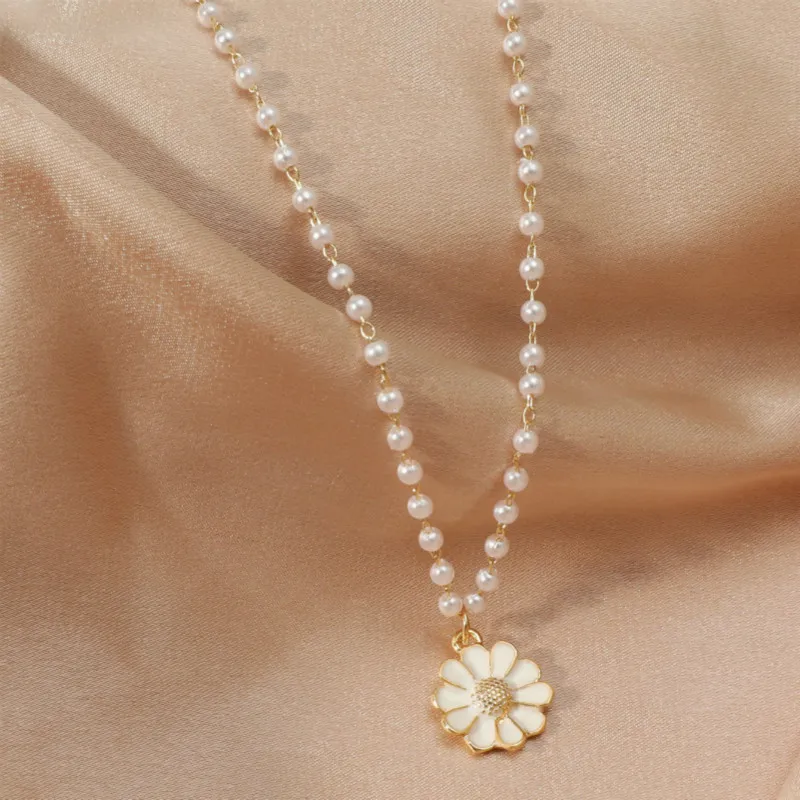 Жемчужное ожерелье-чокер Kpop для женщин цепочка на шею цветочная подвеска бусины