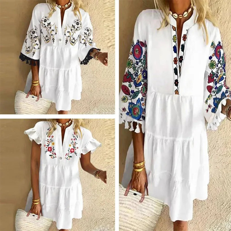 2021 Summer V Neck Tassel Beach Dress Spring Vintage Floral Print 3/4 Sleeve Party Dress Women Casual Loose A-Line Dress Vestido
2021 Summer V Neck Tassel Beach Dress Spring Vintage Floral Print 3/4 Sleeve Party Dress Women Casual Loose A-Line Dress Vestido