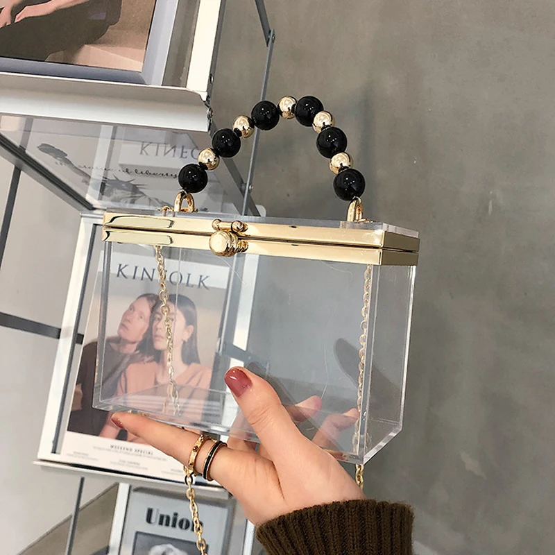Transparent Acrylic Box Handbag for Women Party Clutch Bag Fashion Shoulder Chain Bag Color Beaded Handle Luxury Designer Bags
Transparent Acrylic Box Handbag for Women Party Clutch Bag Fashion Shoulder Chain Bag Color Beaded Handle Luxury Designer Bags