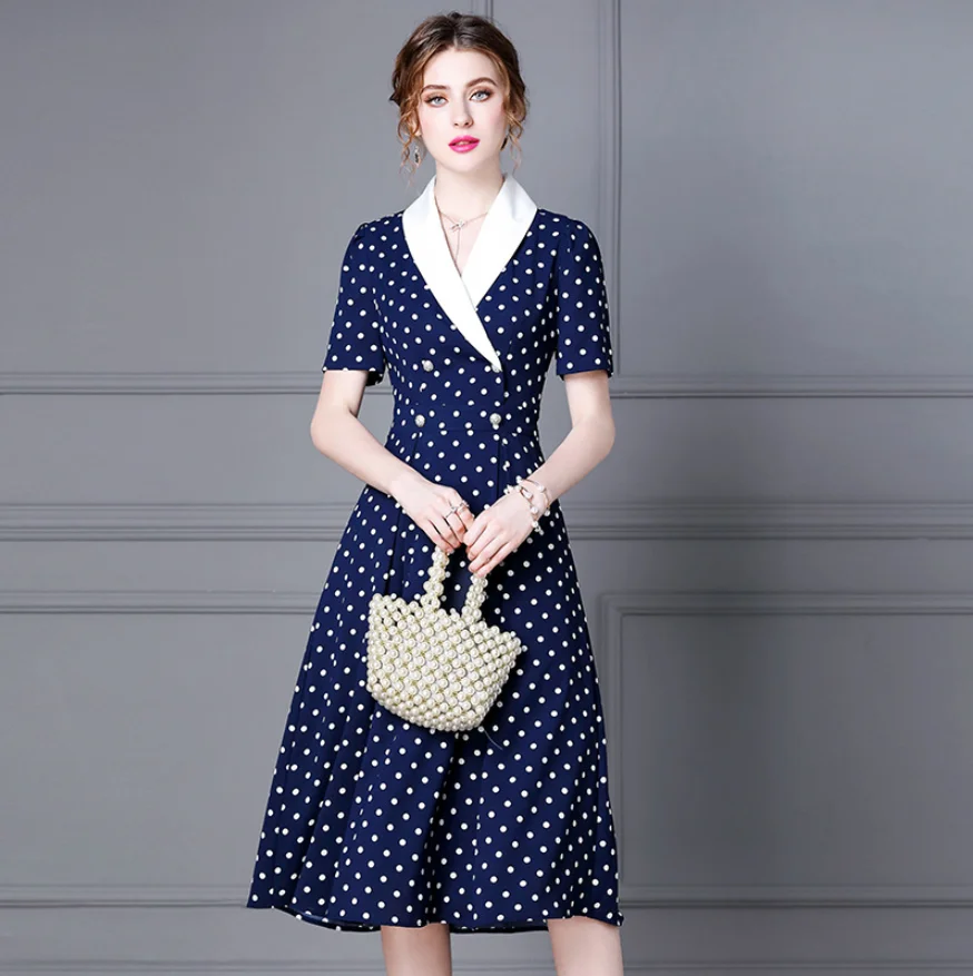 Woman Summer Dark Blue Dot Pattern Medium Dress Long OL Notched A-Line Empire Lady Dresses Slim Grace Short Sleeve Unique Skirt
Woman Summer Dark Blue Dot Pattern Medium Dress Long OL Notched A-Line Empire Lady Dresses Slim Grace Short Sleeve Unique Skirt