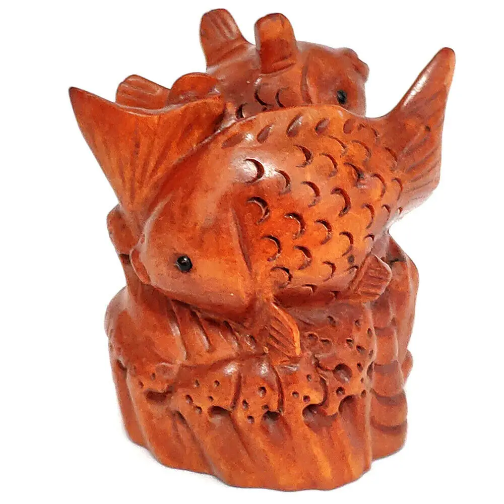 2-Дюймовая японская резная вручную скульптура самшита Netsuke, миниатюрные две красивые рыбы-# X4497