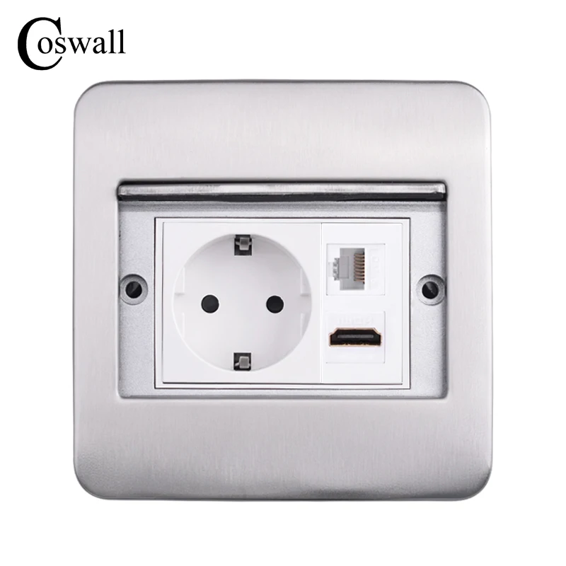 

Coswall Stainless Steel Cover Hidden Floor / Table Socket EU / French Outlet USB Charge Port TV Internet HDMI-compatible Jack